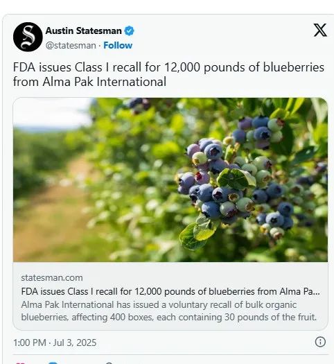 1.2万磅蓝莓全美最高等级召回 不只拉肚子还可致命